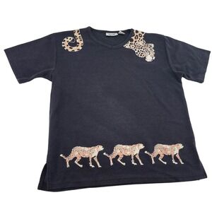 Keneth Too Petite vintage Black Ribbed Leopard Cheetah Graphic Short Sleeve P/L